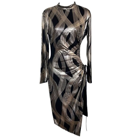 K TOO Dresses & Skirts - K TOO Vintage Metallic Black Gold Print Long sleeves Dress - Size L